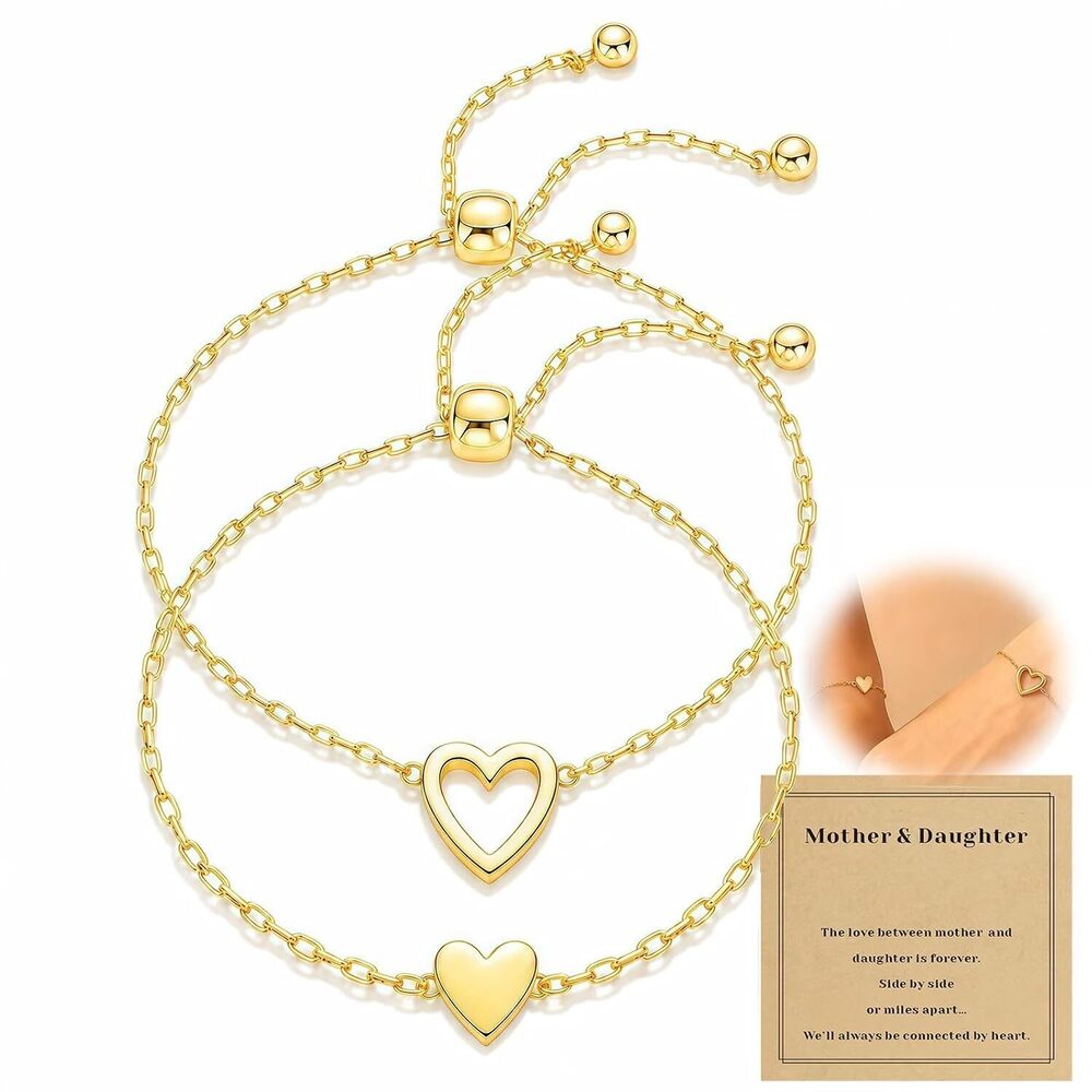Mother Daughter Bracelets, 14K Gold Plated Stainless Steel Matching Heart